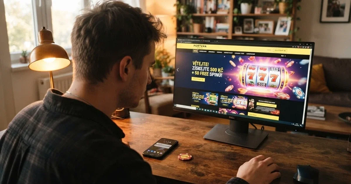 Hráč sedí u počítače, na obrazovce má otevřenou stránku s nabídkou casino bonusů, vedle klávesnice leží český občanský průkaz a mobilní telefon