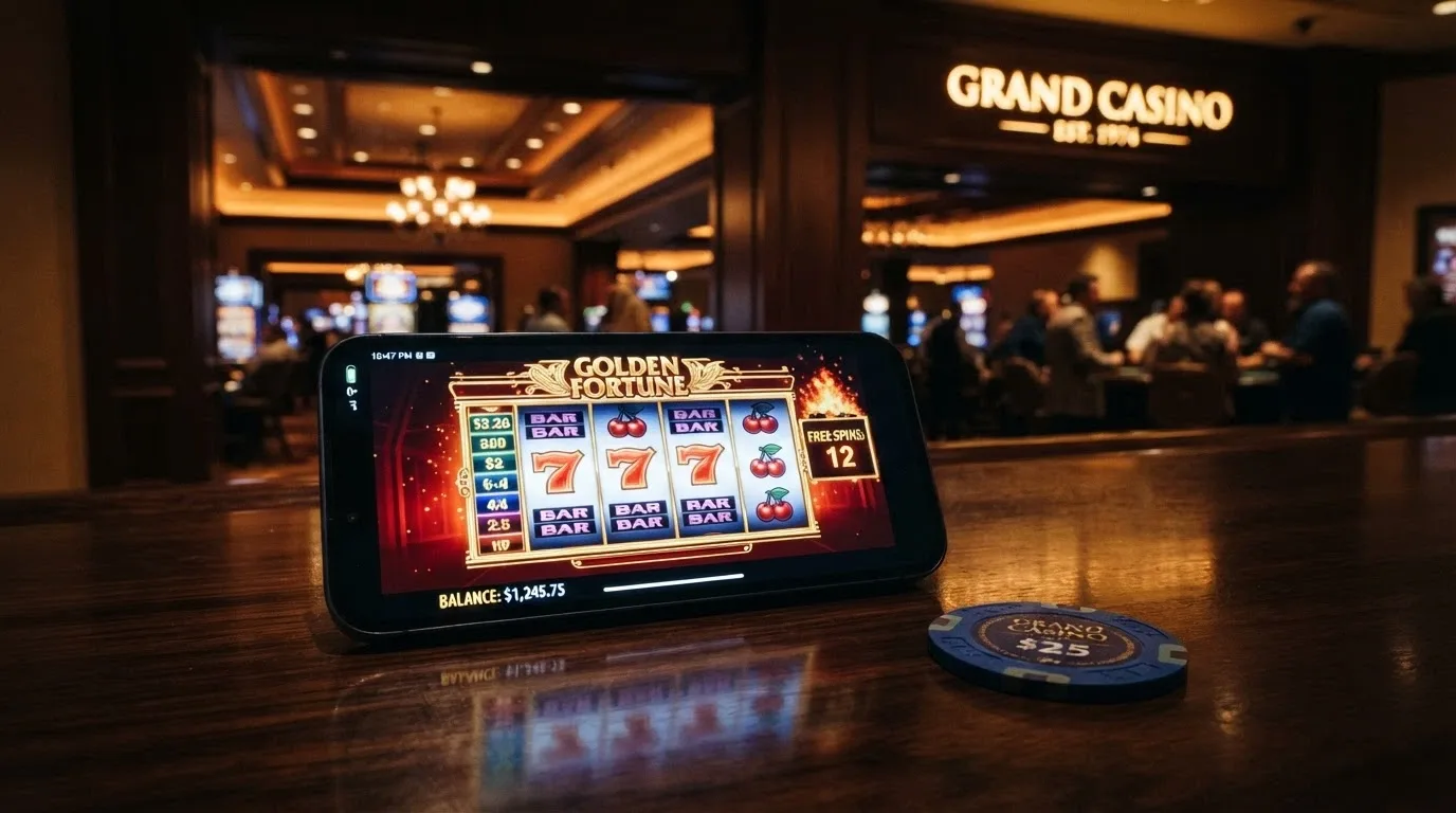 Rozdělená obrazovka — vlevo online casino na mobilu, vpravo vstup do kamenného casina