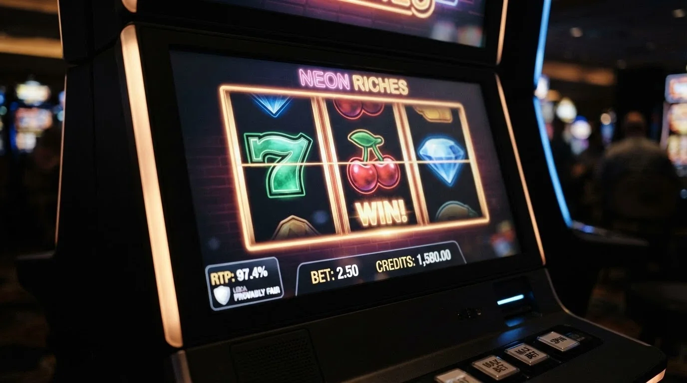 Rozhraní krypto automatu s viditelnou RTP hodnotou a tlačítkem provably fair ověření