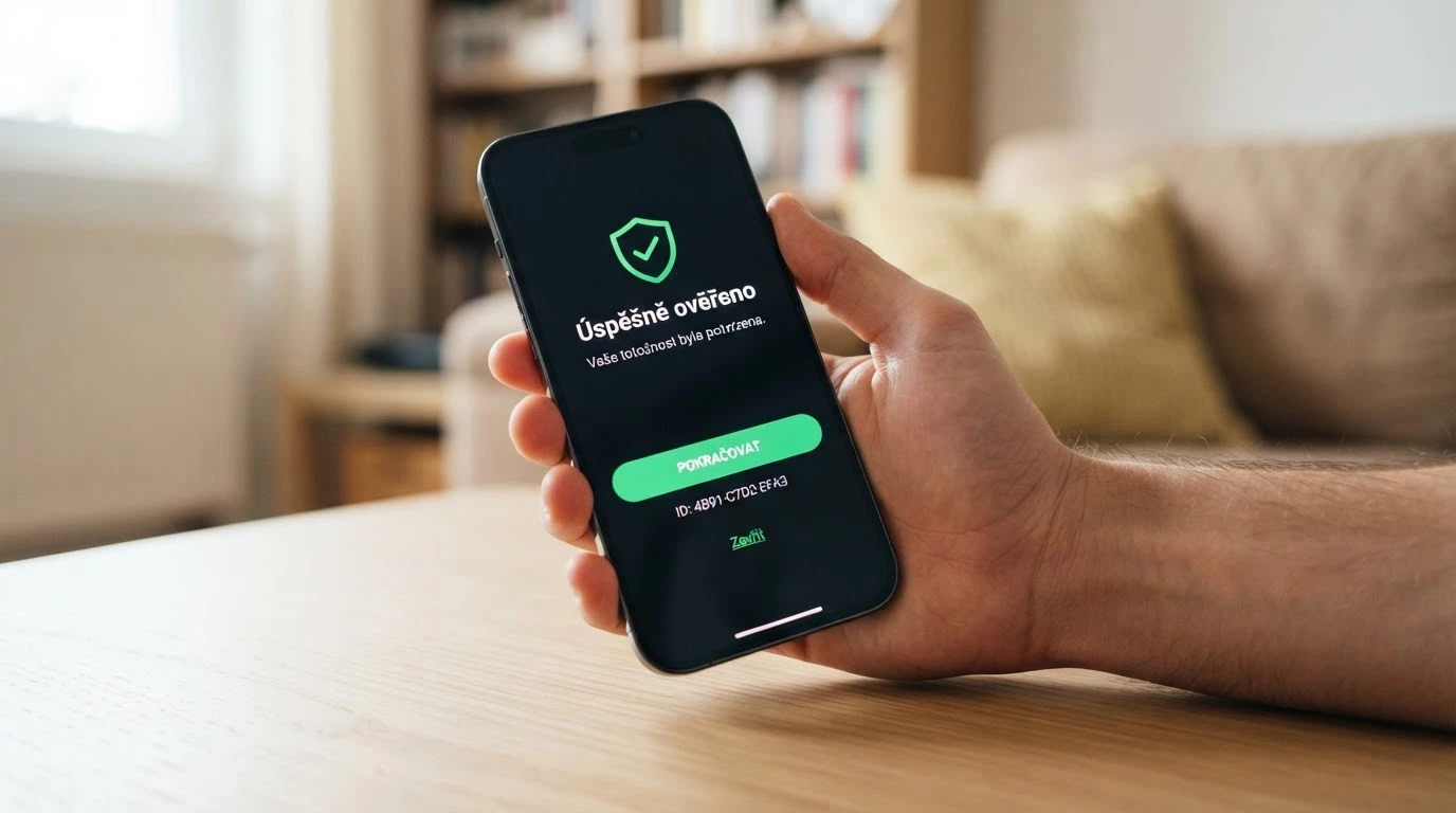 Displej mobilního telefonu s otevřenou aplikací BankID a potvrzovacím tlačítkem
