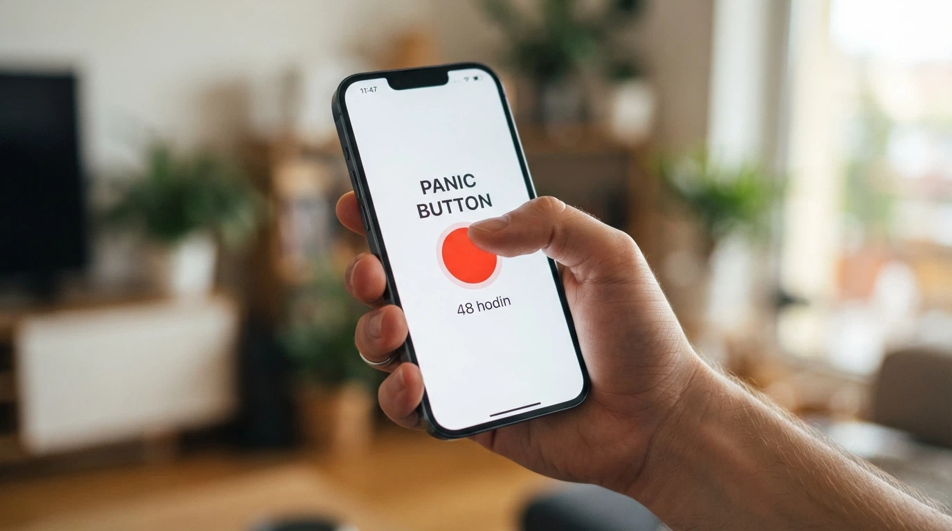Detail tlačítka s nápisem „Panic button — okamžité přerušení hry na 48 hodin“ na obrazovce mobilu
