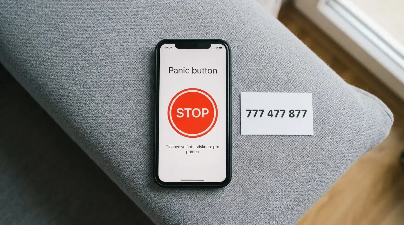 Telefon s číslem linky pomoci na displeji, vedle ikona Panic buttonu
