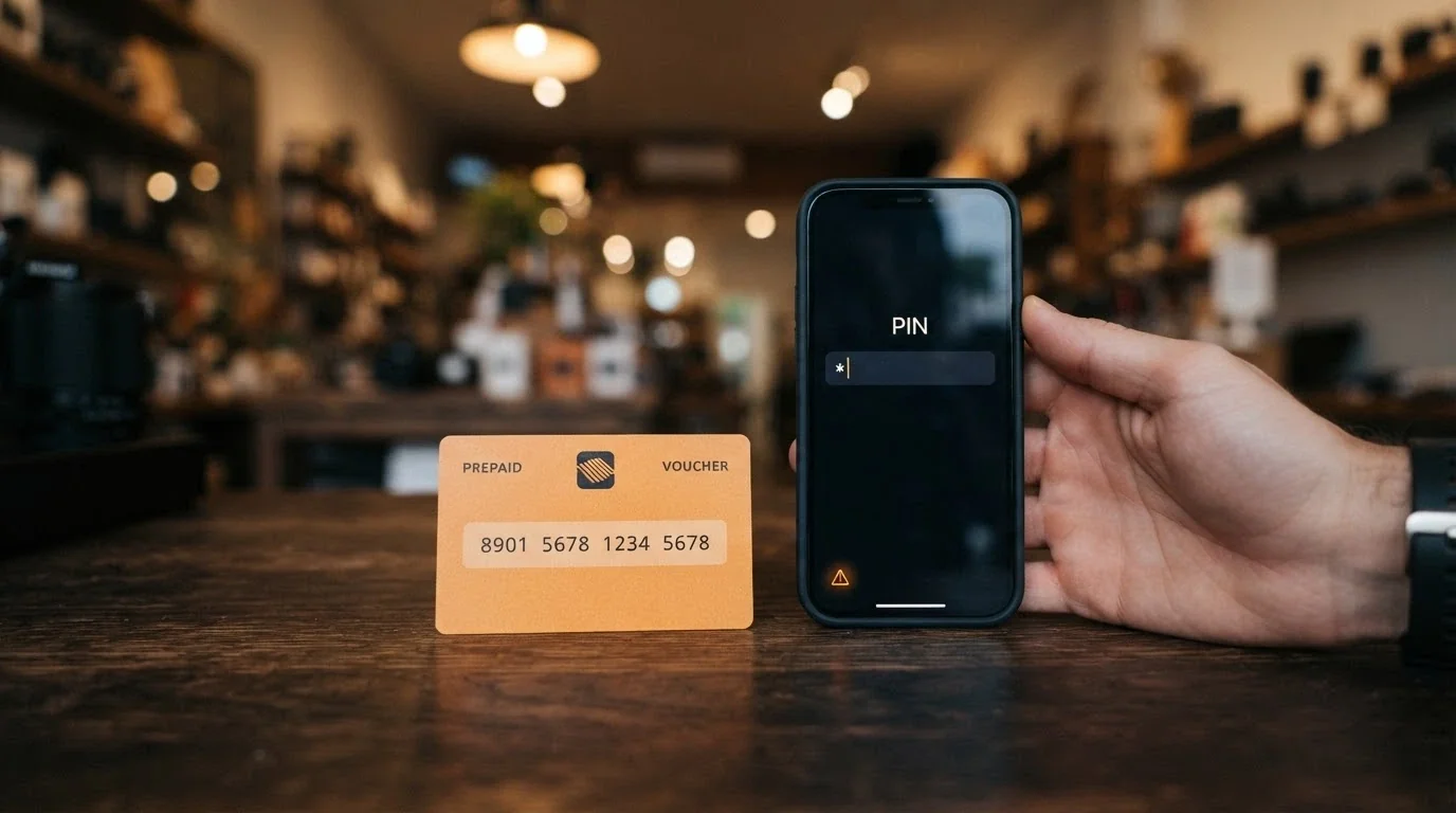 Paysafecard kupón v hodnotě 200 Kč vedle displeje s polem pro zadání PIN kódu, v dolním rohu varovná ikona poplatku