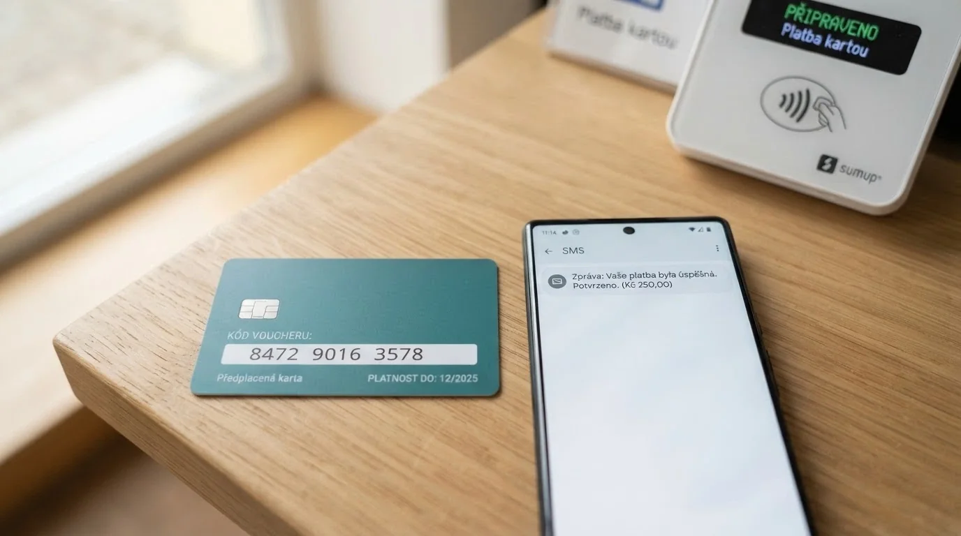 Předplacená karta Paysafecard vedle mobilního telefonu s ikonou SMS, na pozadí platební terminál
