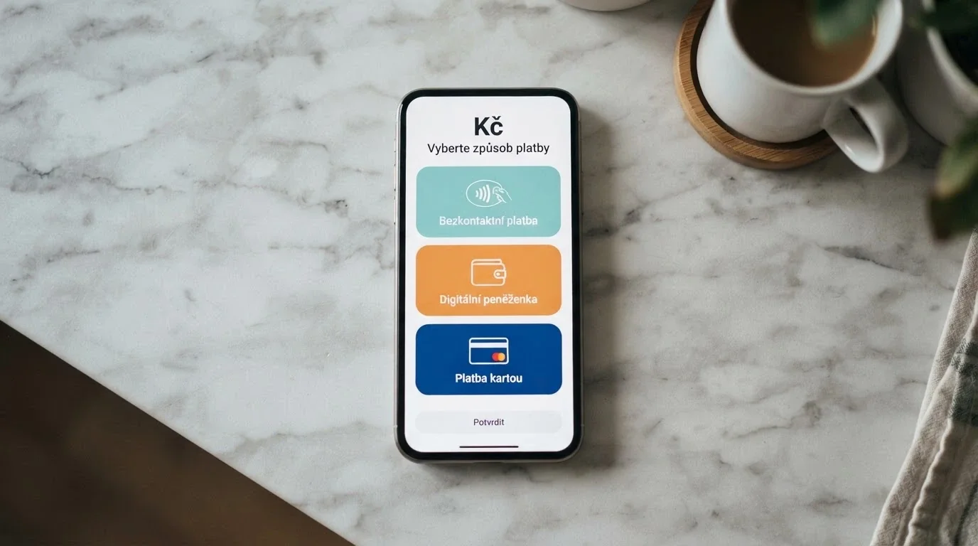 Displej telefonu s výběrem platebních metod — ikony Google Pay, Skrill, platební karta