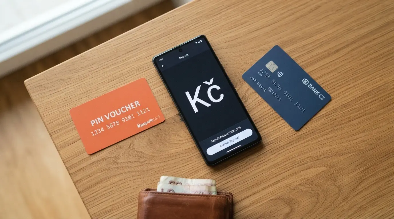 Platební karta, Paysafecard a mobilní peněženka na stole vedle notebooku s casinem