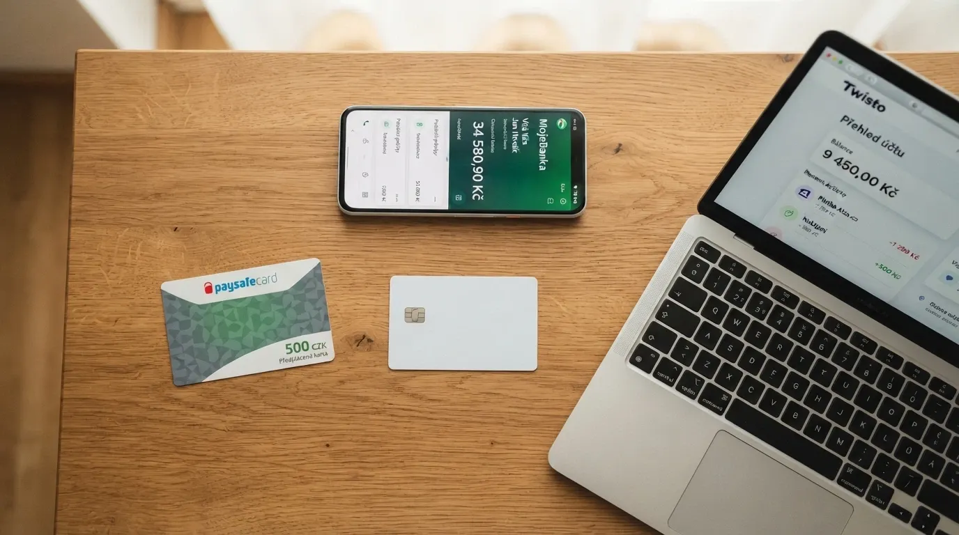 Na dřevěném stole leží platební karta, poukázka Paysafecard, mobilní telefon s otevřenou aplikací internetového bankovnictví a vedle nich ikony Skrill a PayPal na displeji notebooku