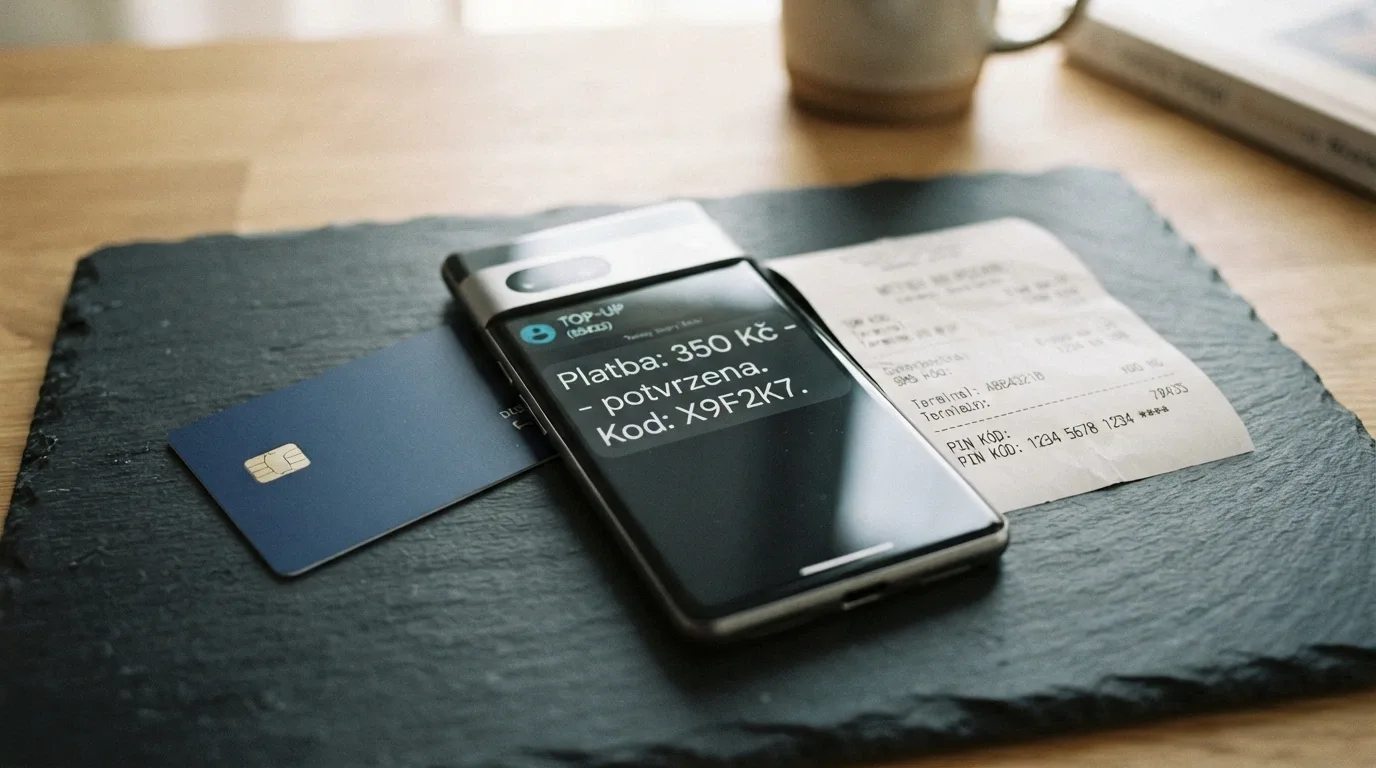Mobil s displejem zobrazujícím SMS potvrzení platby, vedle něj platební karta a Paysafecard PIN na účtence