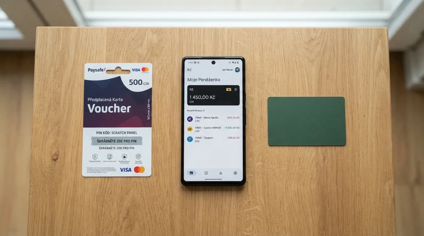 Rozložené platební karty, paysafecard voucher a mobil s otevřenou peněženkou Skrill na stole
