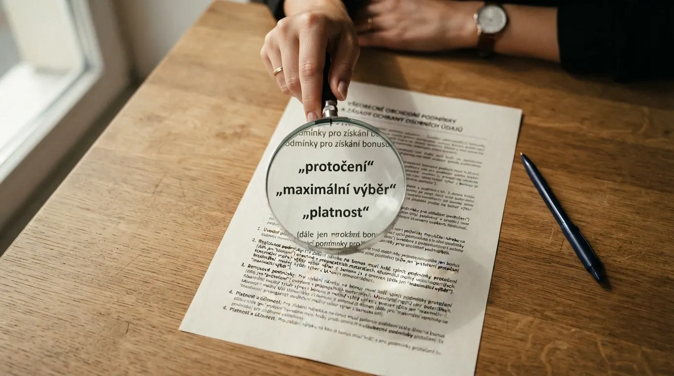 Lupa nad textem obchodních podmínek s vyznačenými pojmy „protočení“, „maximální výběr“ a „platnost“