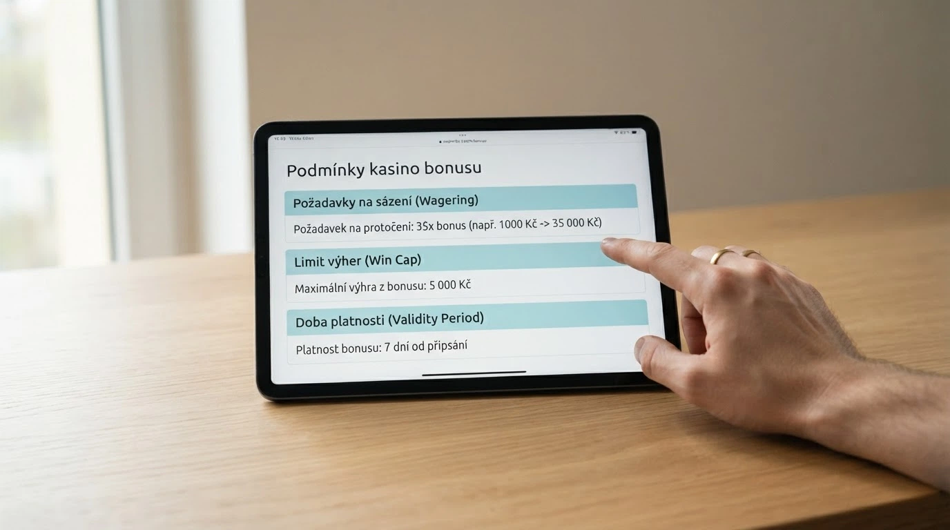 Detailní záběr na podmínky bonusu zobrazené v casino rozhraní — zvýrazněné řádky o protočení, stropu výhry a platnosti
