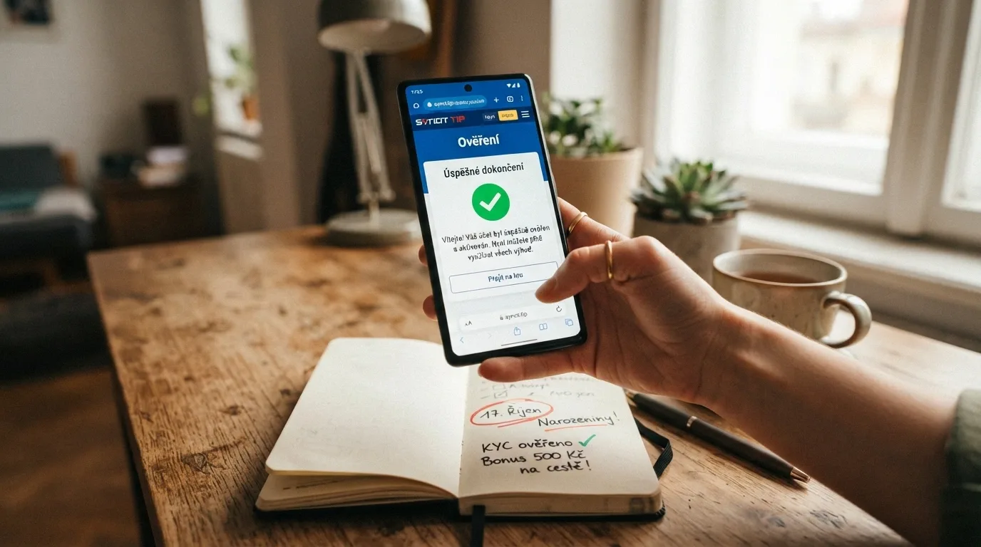 Český občanský průkaz vedle obrazovky s formulářem KYC, v popředí kalendář s vyznačeným datem narozenin.