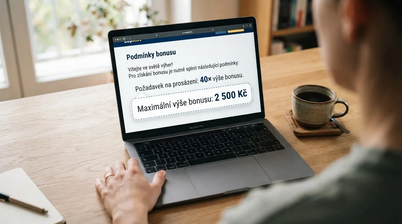 Detailní záběr na sekci podmínek bonusu na obrazovce — zvýrazněné řádky s násobkem protočení (např. 40×) a maximální výhrou (např. 2 500 Kč)