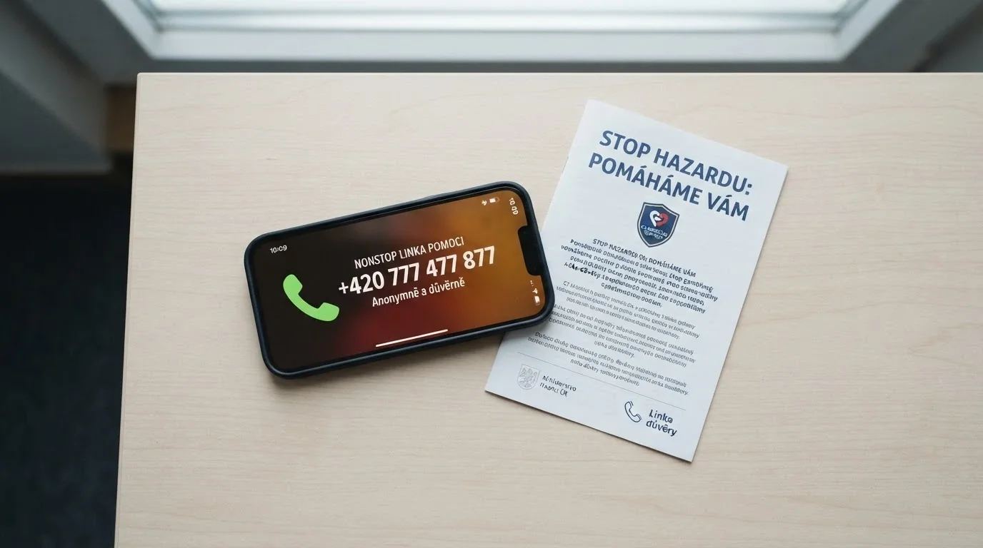 Telefon s vytočeným číslem linky pomoci +420 777 477 877 na displeji, vedle leták s informacemi o Rejstříku vyloučených osob
