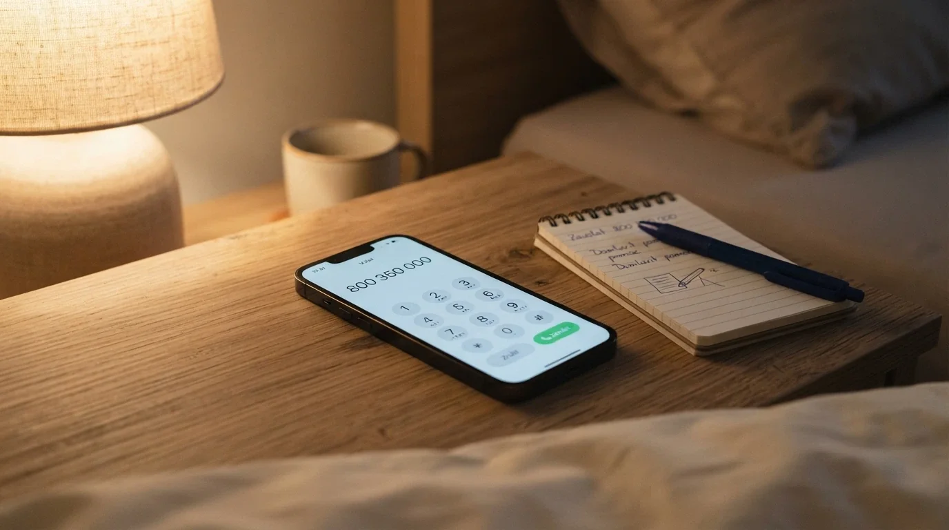 Telefon s vytočeným číslem krizové linky na displeji, vedle něj notes s poznámkami a vizitka s logem Národní linky pro odvykání hraní