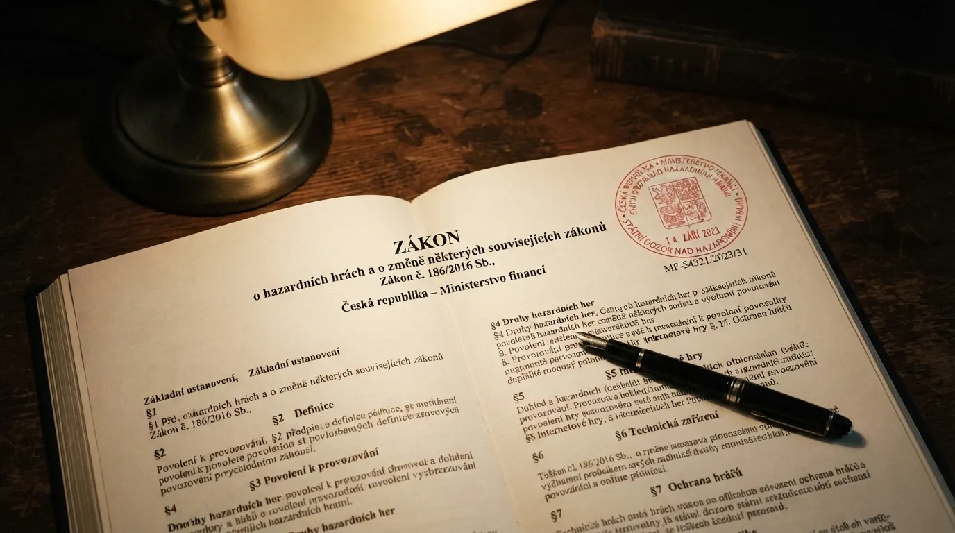 Paragrafy zákona o hazardních hrách s razítkem Ministerstva financí ČR na úřední listině