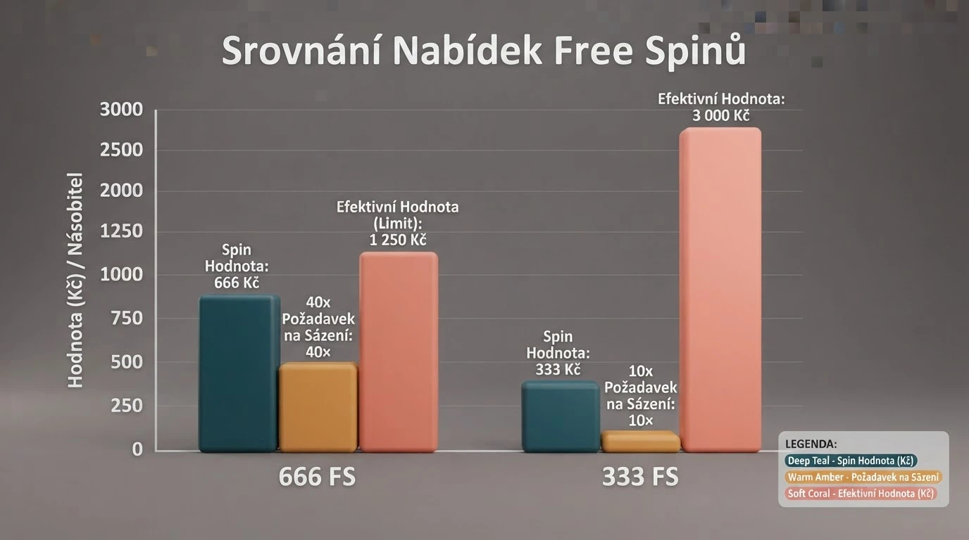 Infografika srovnávající dvě casino nabídky: vysoký počet spinů s přísným protočením vs nižší počet s mírnějšími podmínkami a vyšším reálným výnosem
