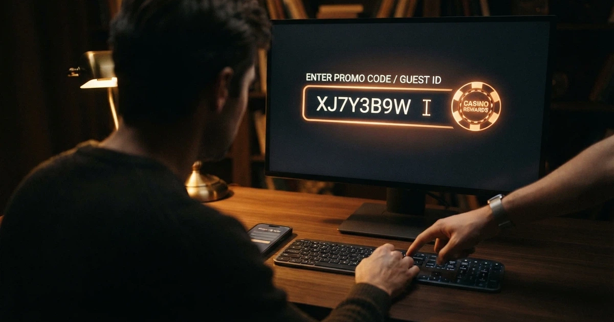 Hráč zadává promo kód na obrazovce online casina, vedle leží chytrý telefon s otevřenou registrací