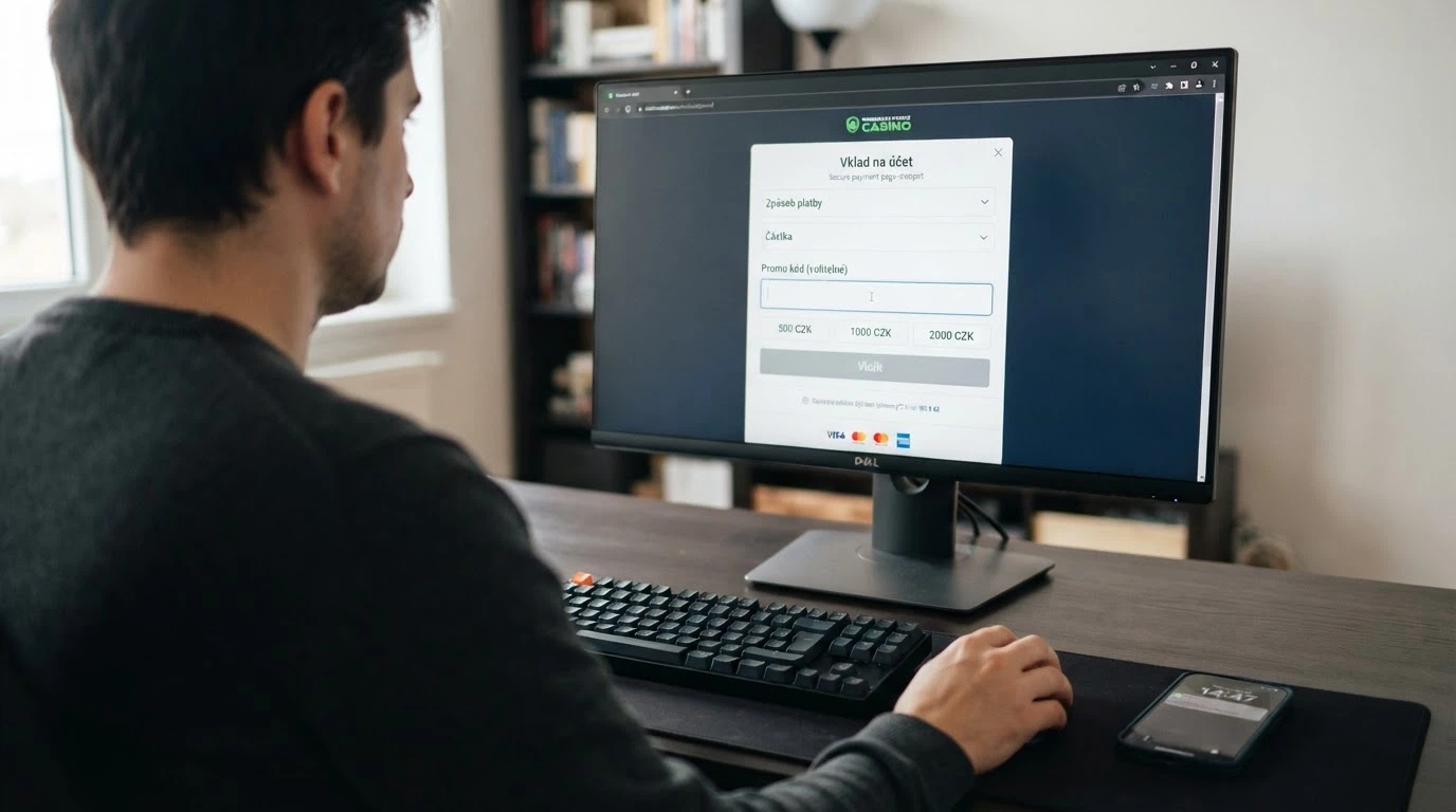 Hráč u počítače v sekci Vklad online casina, na obrazovce pole pro zadání promo kódu