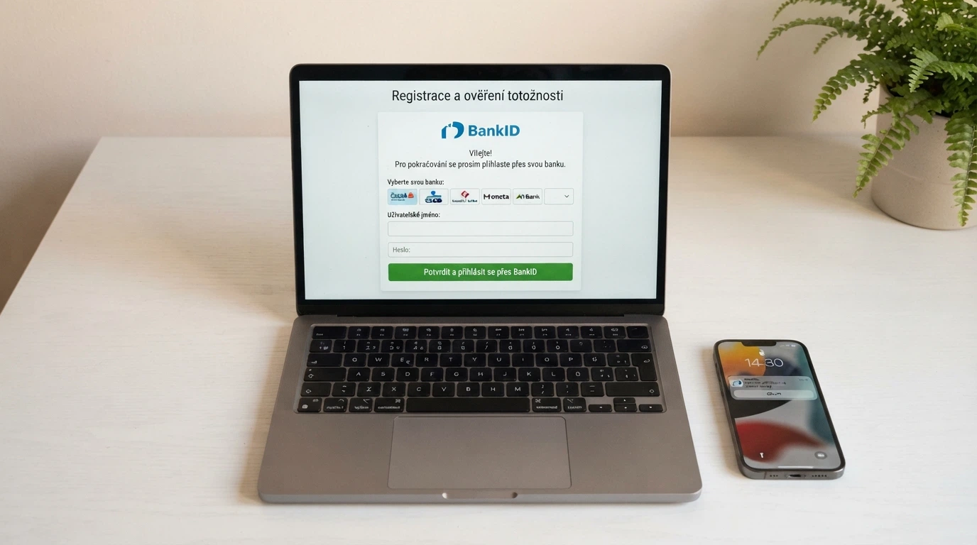 Obrazovka notebooku zobrazující registrační formulář online casina s ikonou BankID a polem pro ověření totožnosti; vedle mobil s notifikací