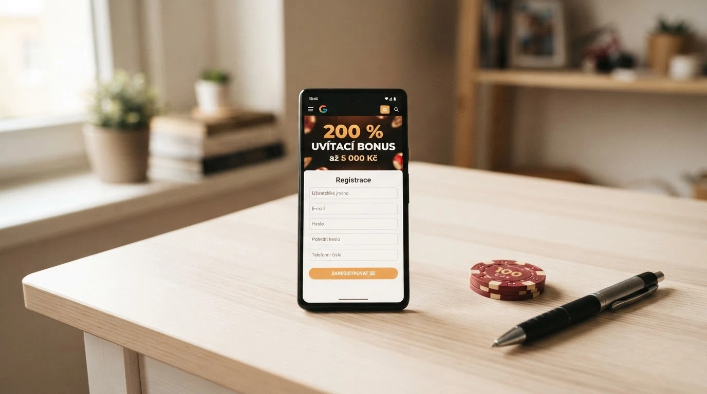 Registrační formulář nového online casina se zvýrazněnou nabídkou uvítacího bonusu