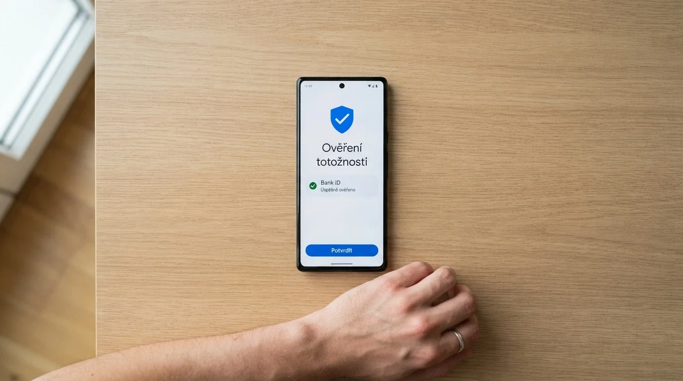 Mobilní telefon s obrazovkou ověření totožnosti přes aplikaci Bank iD