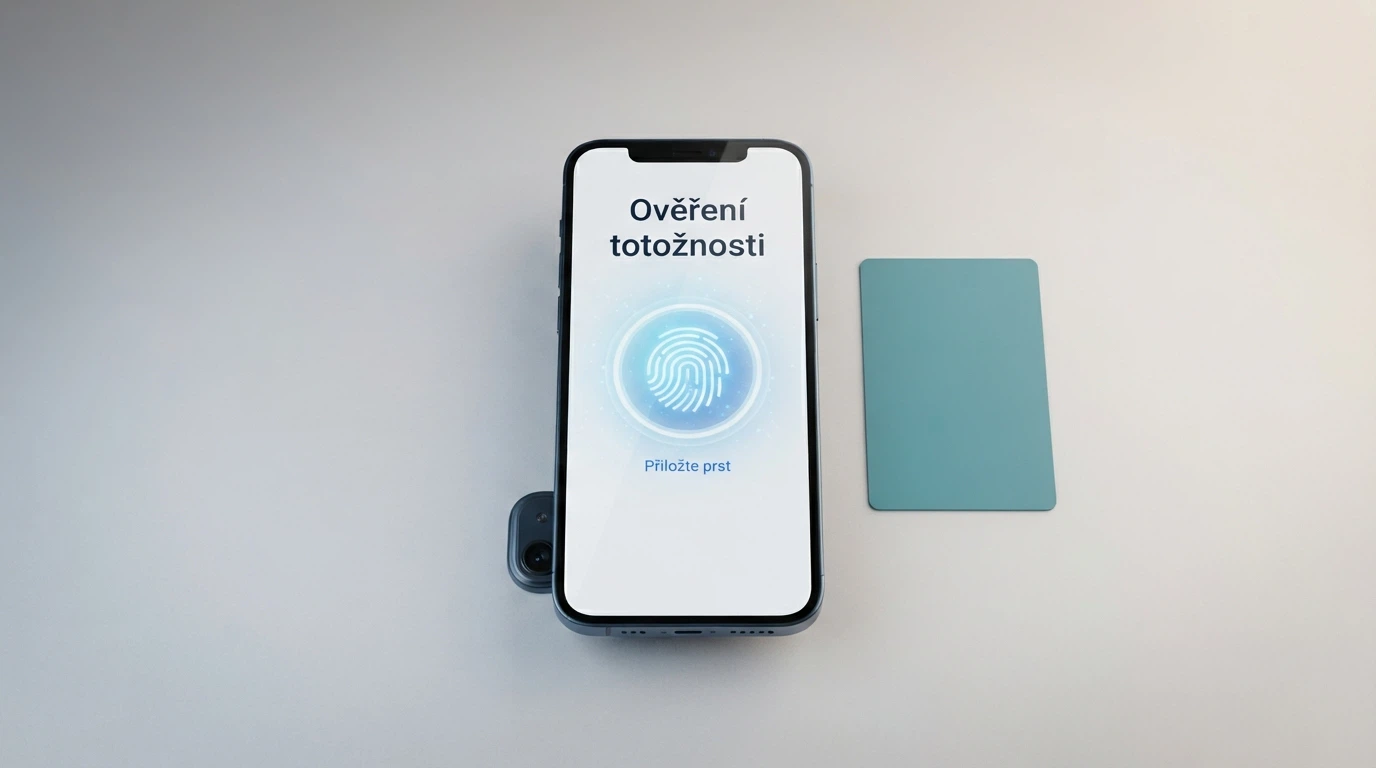 Obrazovka s rozhraním Bank iD pro ověření totožnosti, vedle logo české banky