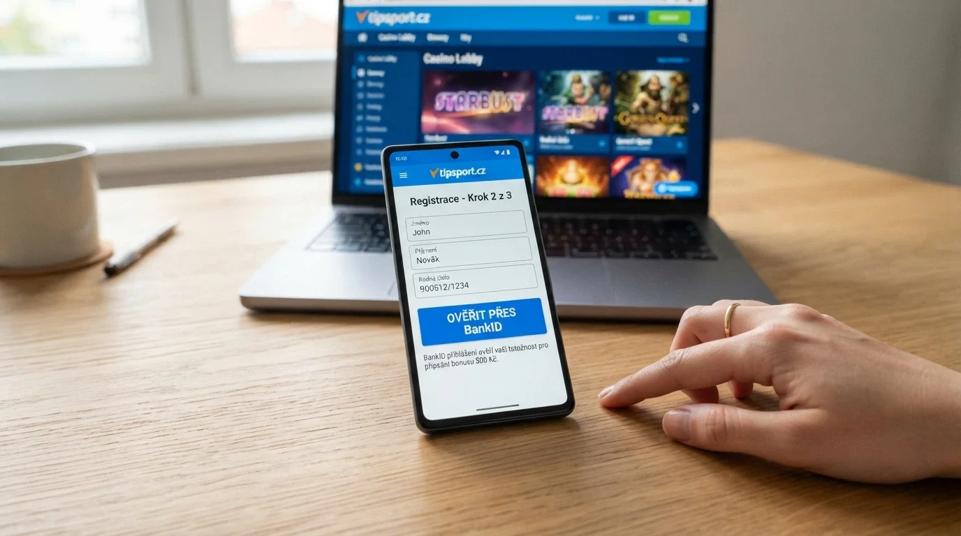 Registrační formulář online casina s tlačítkem BankID a mobilem s ověřovací aplikací