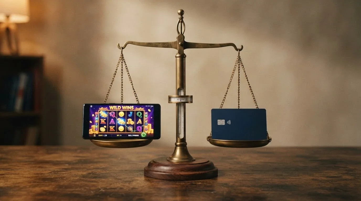 Váha s mobilem na jedné misce a platební kartou na druhé