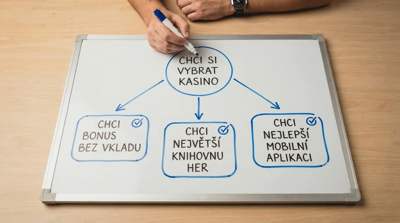 Jednoduchý rozhodovací diagram se třemi větvemi — „Chci bonus bez vkladu“, „Chci největší knihovnu her“, „Chci nejlepší mobilní aplikaci“ — každá větev ukazuje na doporučenou skupinu značek