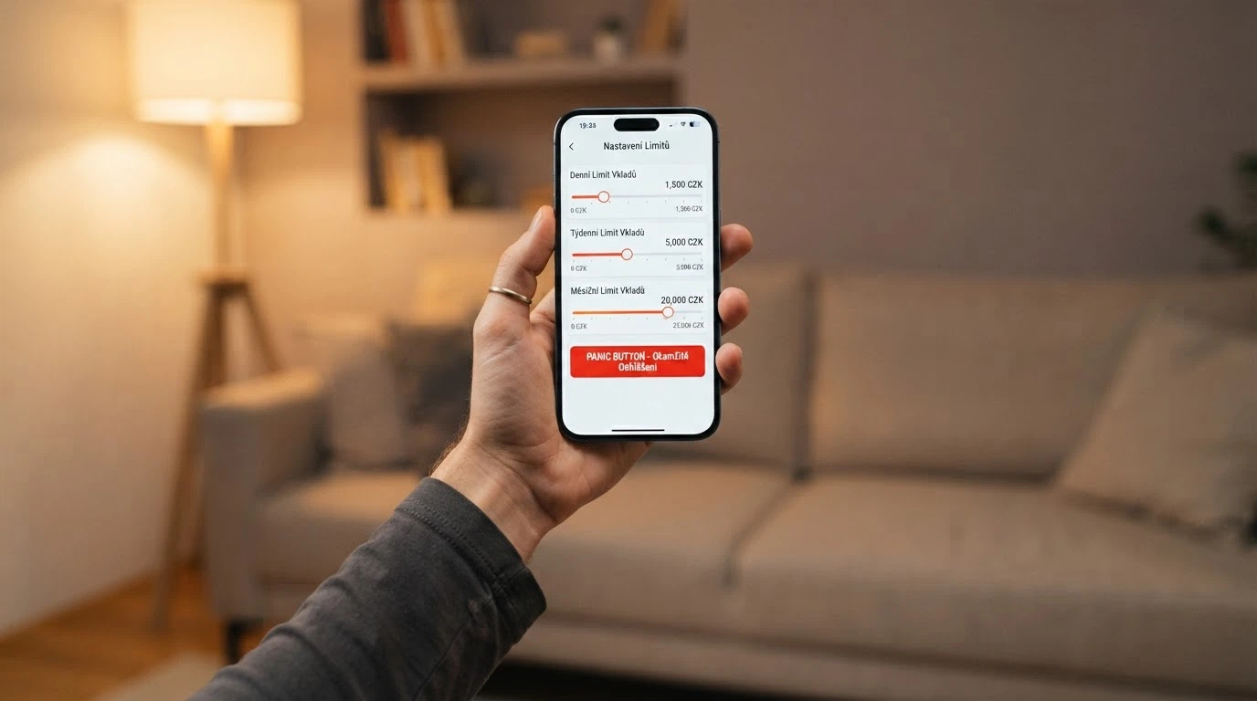 Obrazovka s posuvníky nastavení denního, týdenního a měsíčního limitu pro vklady a prohry, vedle tlačítko „panic button“
