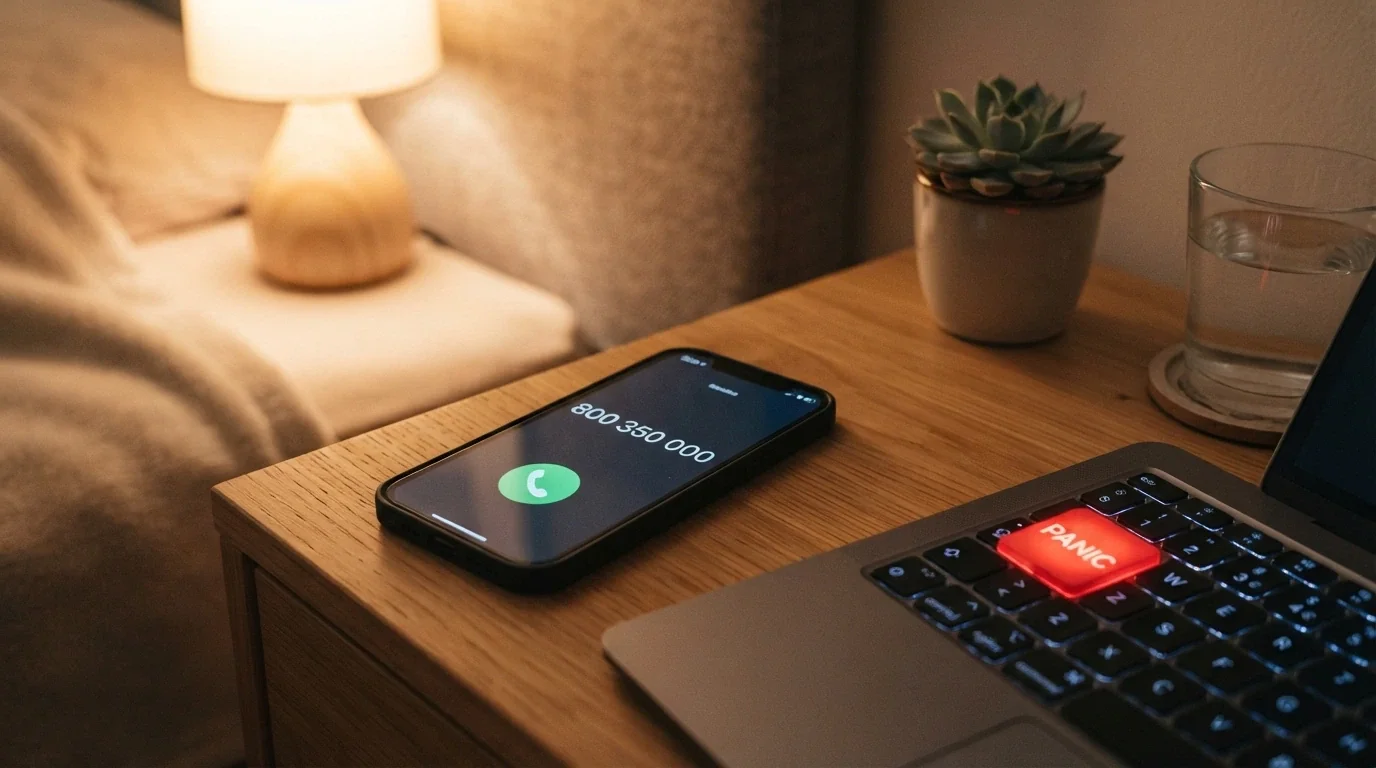 Telefon s vytočeným číslem linky pomoci vedle klávesnice s tlačítkem Panic Button v českém online casinu