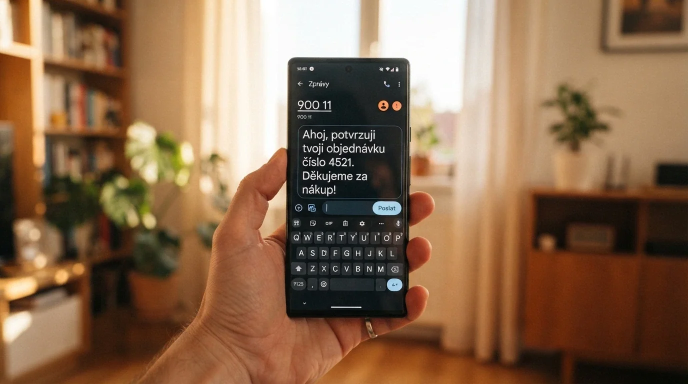 Obrazovka telefonu s rozepsanou SMS zprávou ve formátu pro vklad a logem operátora