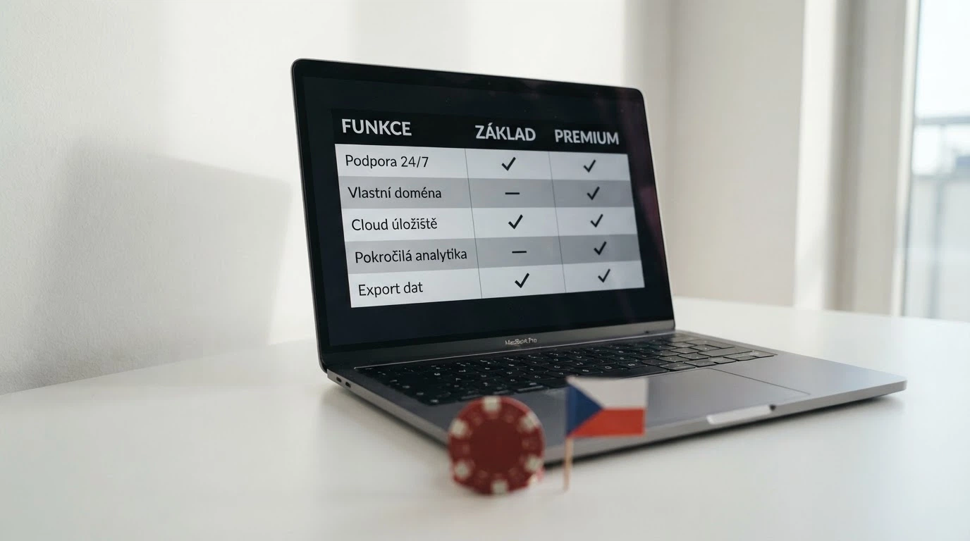Srovnávací tabulka na obrazovce notebooku — v popředí logo BTC a česká vlajka