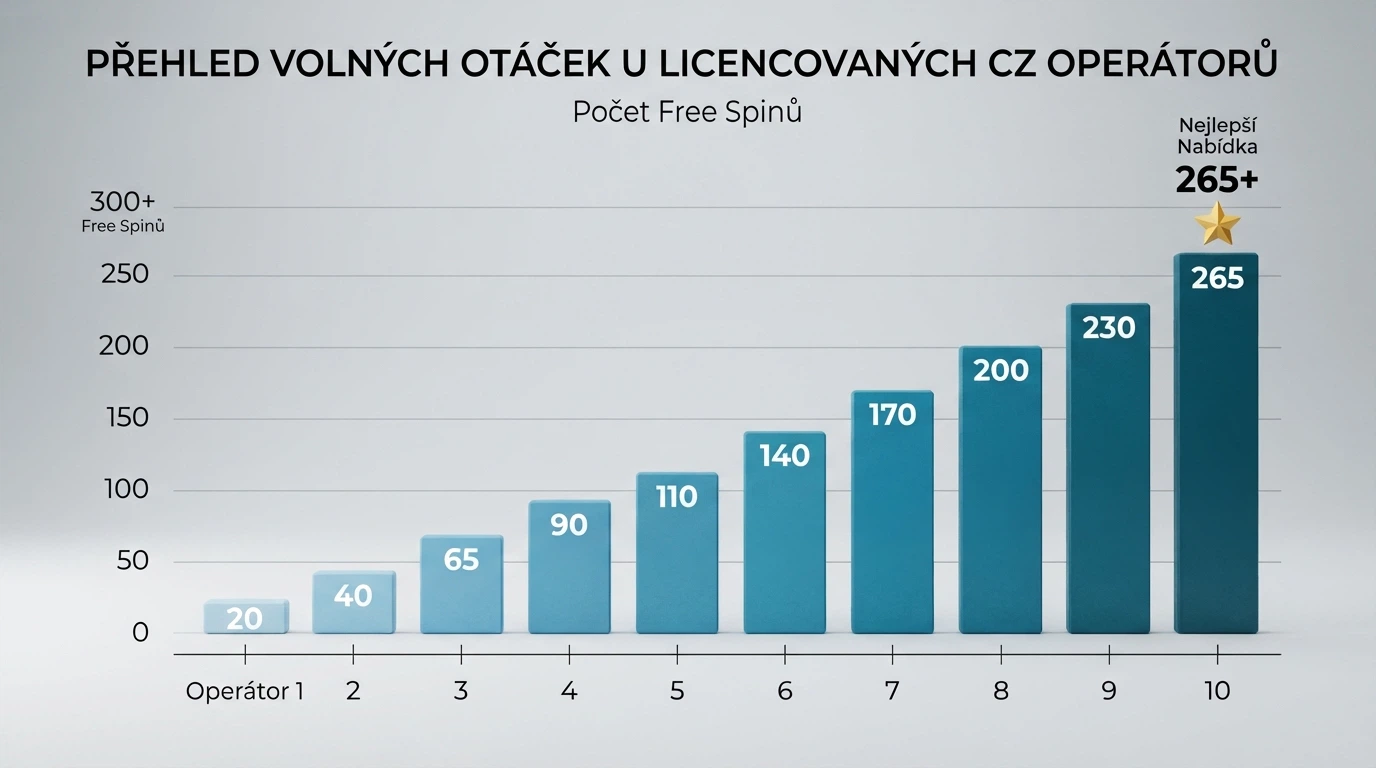 Přehledná srovnávací tabulka na monitoru — deset řádků s logy českých licencovaných casin a pět sloupců s čísly: bonus, free spiny, hodnota zatočení, protočení, platnost