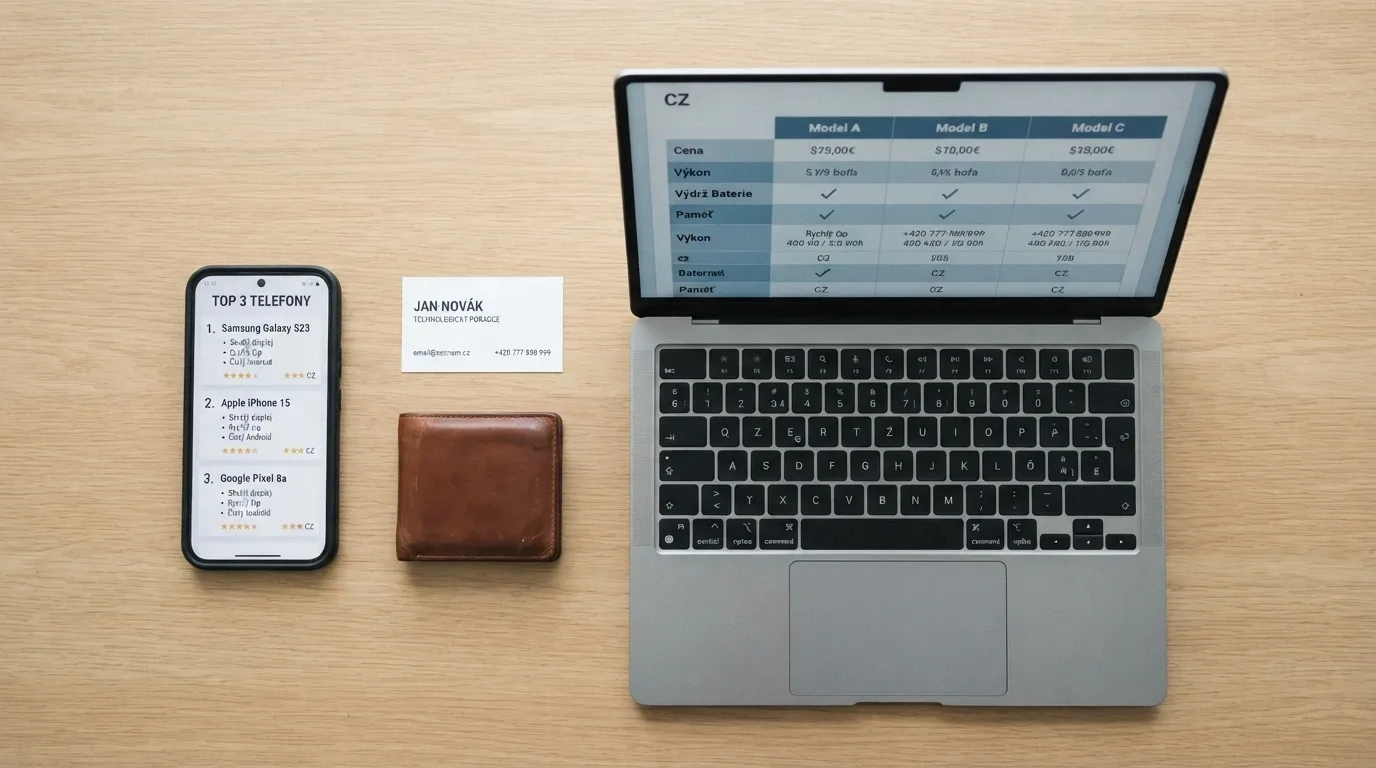 Pohled shora na stůl s rozloženými kreditními kartami, mobilem a notebookem zobrazujícím srovnávací tabulku