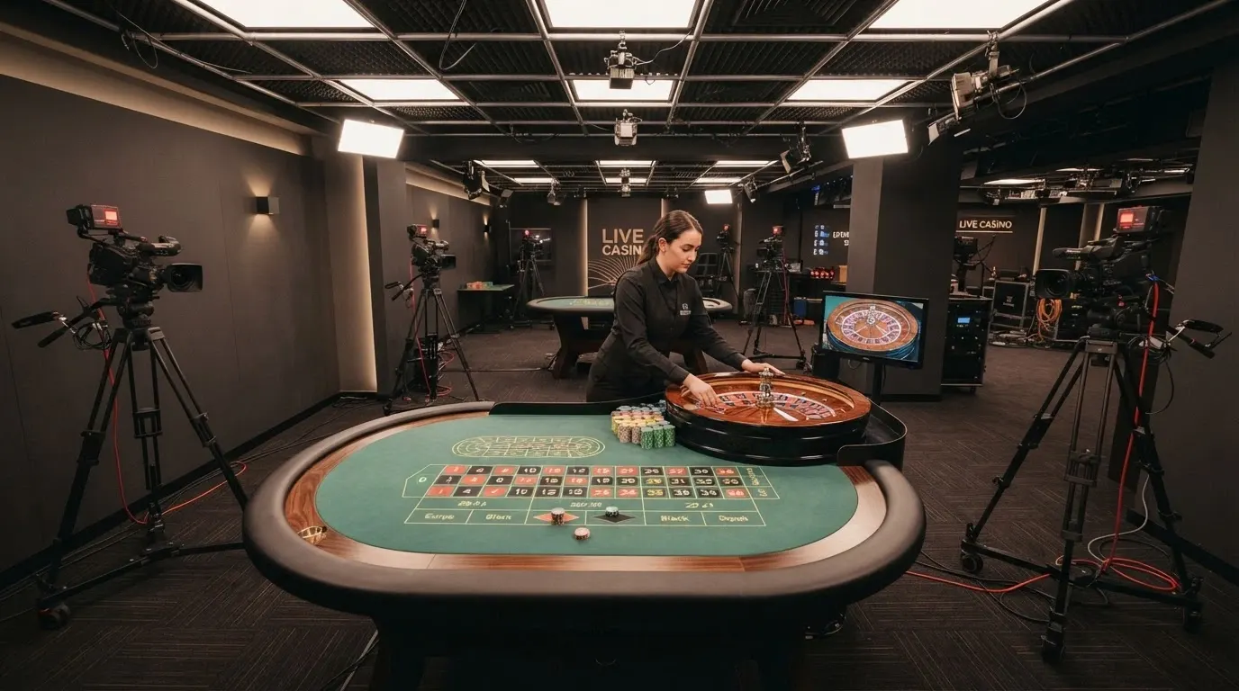 Interiér profesionálního live casino studia s ruletovým stolem, krupiérem a kamerami snímajícími hru z více úhlů