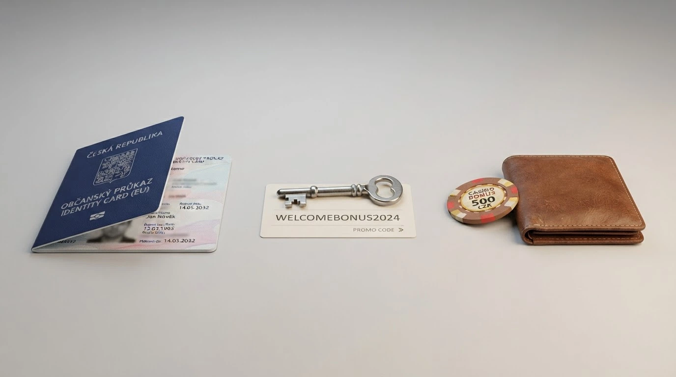 Tři sloupce označené ikonami — registrace (doklady), promo kód (klíč), vklad (mince) — vedle sebe s popisky podmínek