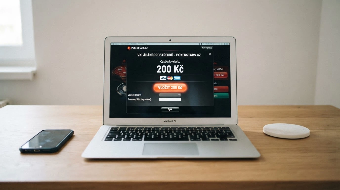 České online casino na obrazovce notebooku s částkou 200 Kč a tlačítkem vložit