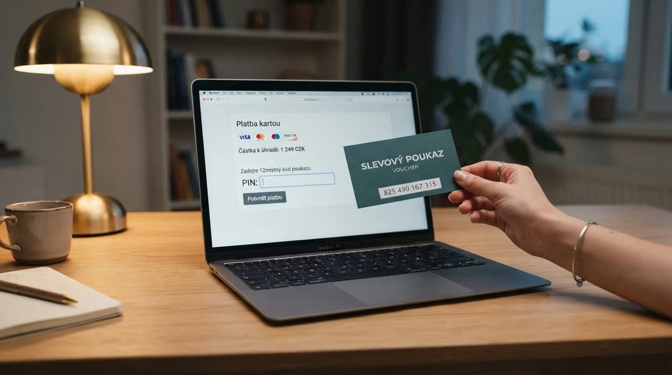 Ruka zadávající 16místný PIN z Paysafecard kupónu do pole platební brány kasina na obrazovce notebooku