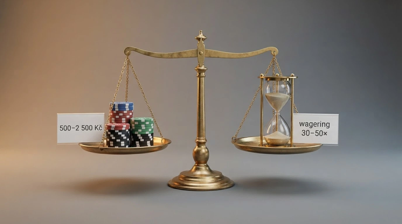 Vyrovnané misky vah — na jedné hromádka mincí s popiskem 500–2 500 Kč, na druhé přesýpací hodiny s popiskem wagering 30–50×
