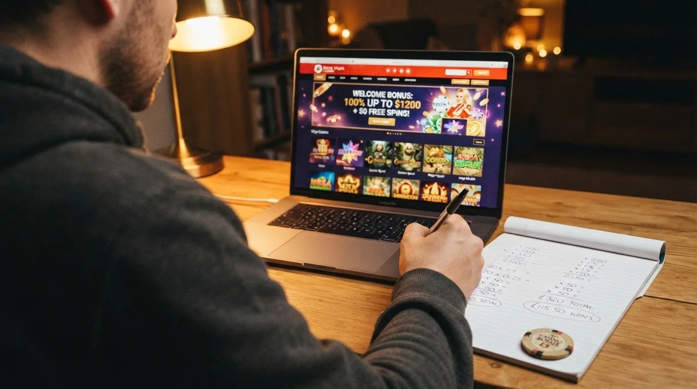 Hráč u laptopu s otevřenou stránkou casina, v ruce kalkulačka