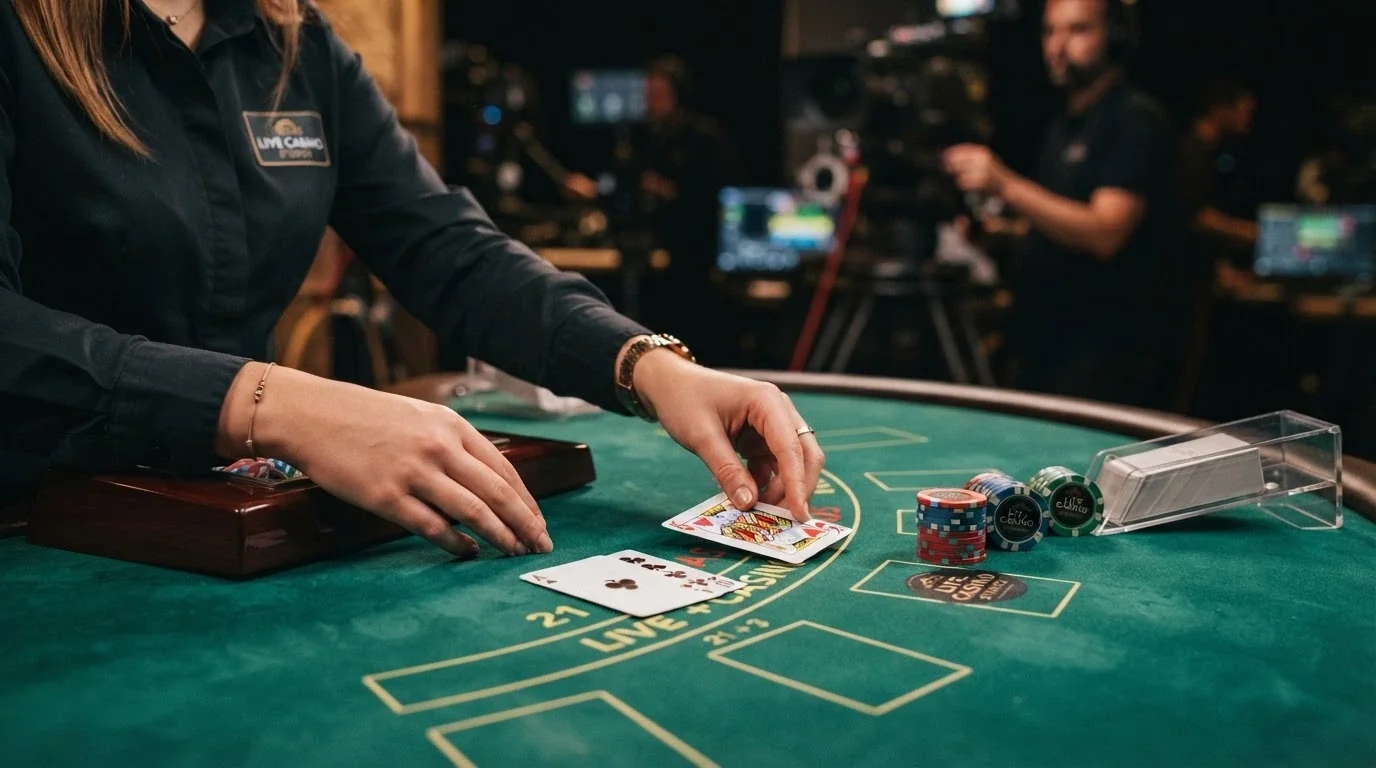 Detail karet na blackjackovém stole s živým dealerem ve studiu