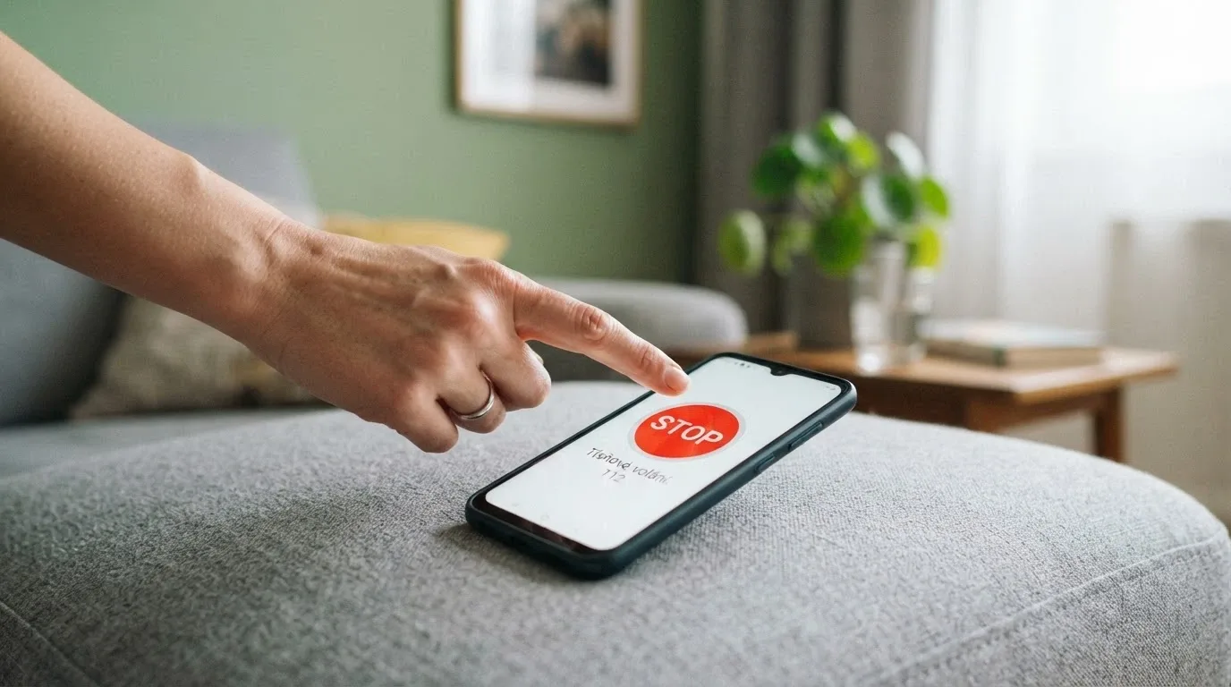 Telefon s vytočenou linkou důvěry, ikona Panic Button a symbol zámku před kasinem
