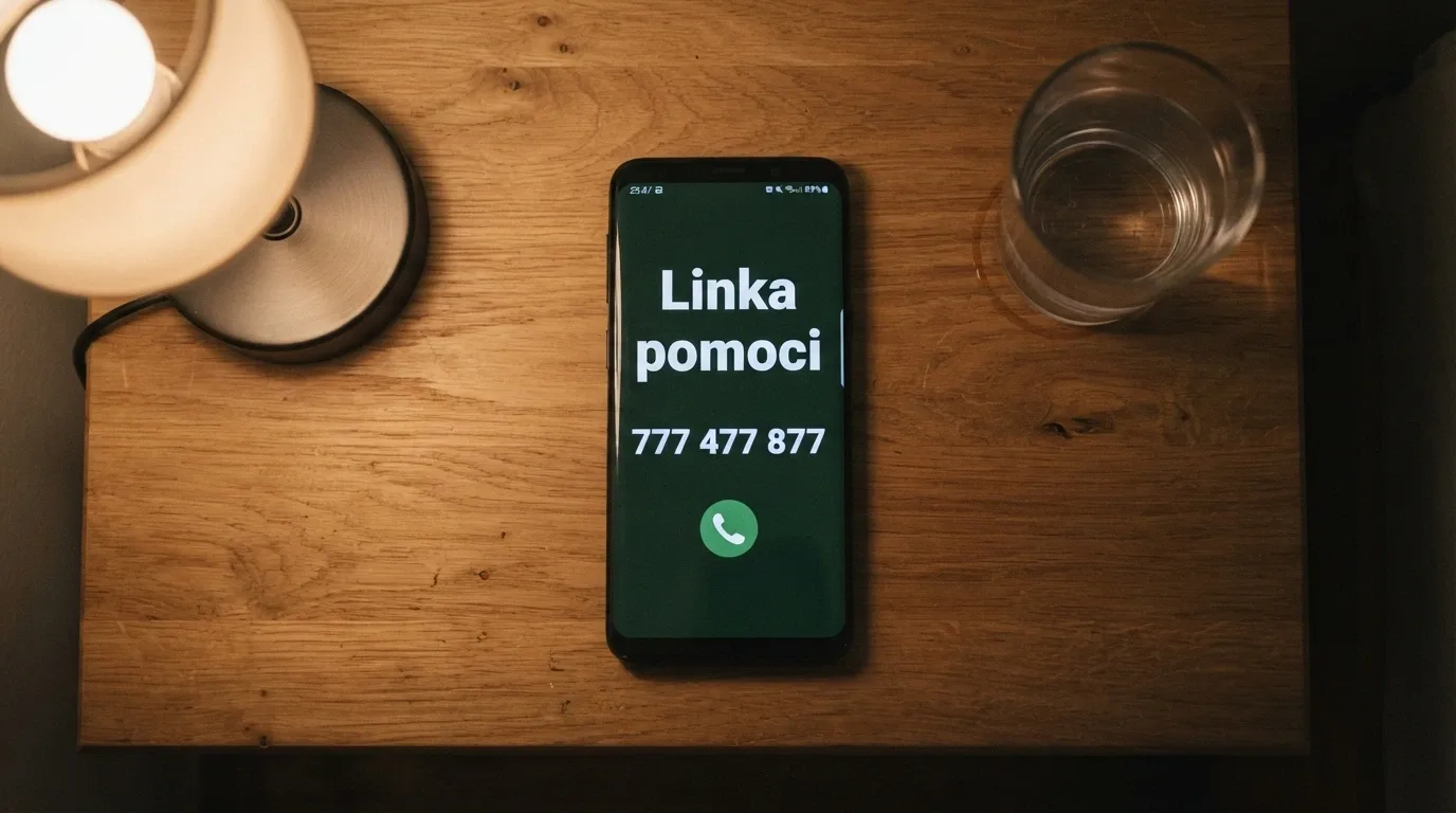 Telefon s vytočenou linkou pomoci, vedle loga Národní linky pro odvykání a Linky pomoci 777 477 877