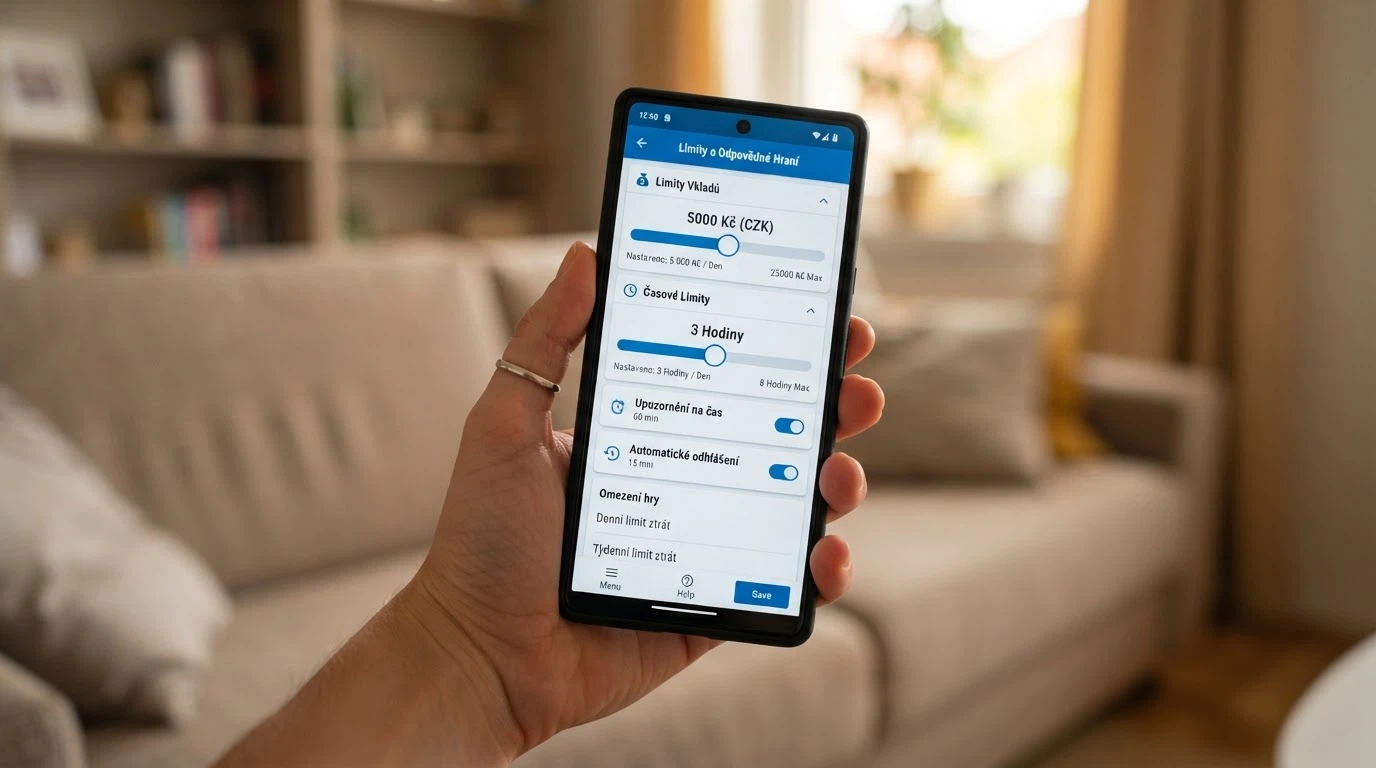 mobilní telefon s otevřenou stránkou nastavení herních limitů — posuvníky pro denní vklad, ztrátu a dobu hraní