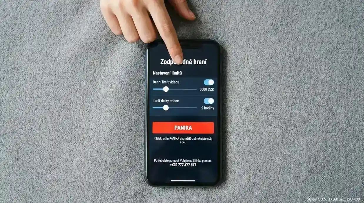 Mobilní telefon s otevřenou stránkou nastavení herních limitů a číslem linky pomoci