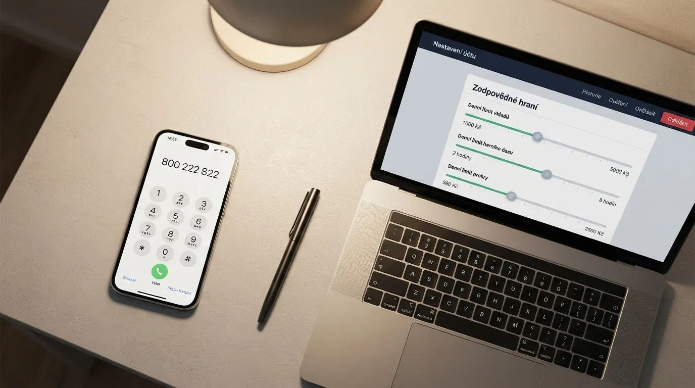 Telefon s vytočeným číslem linky pomoci 800 222 822 položený vedle otevřeného notebooku s nastavením herních limitů v casino rozhraní