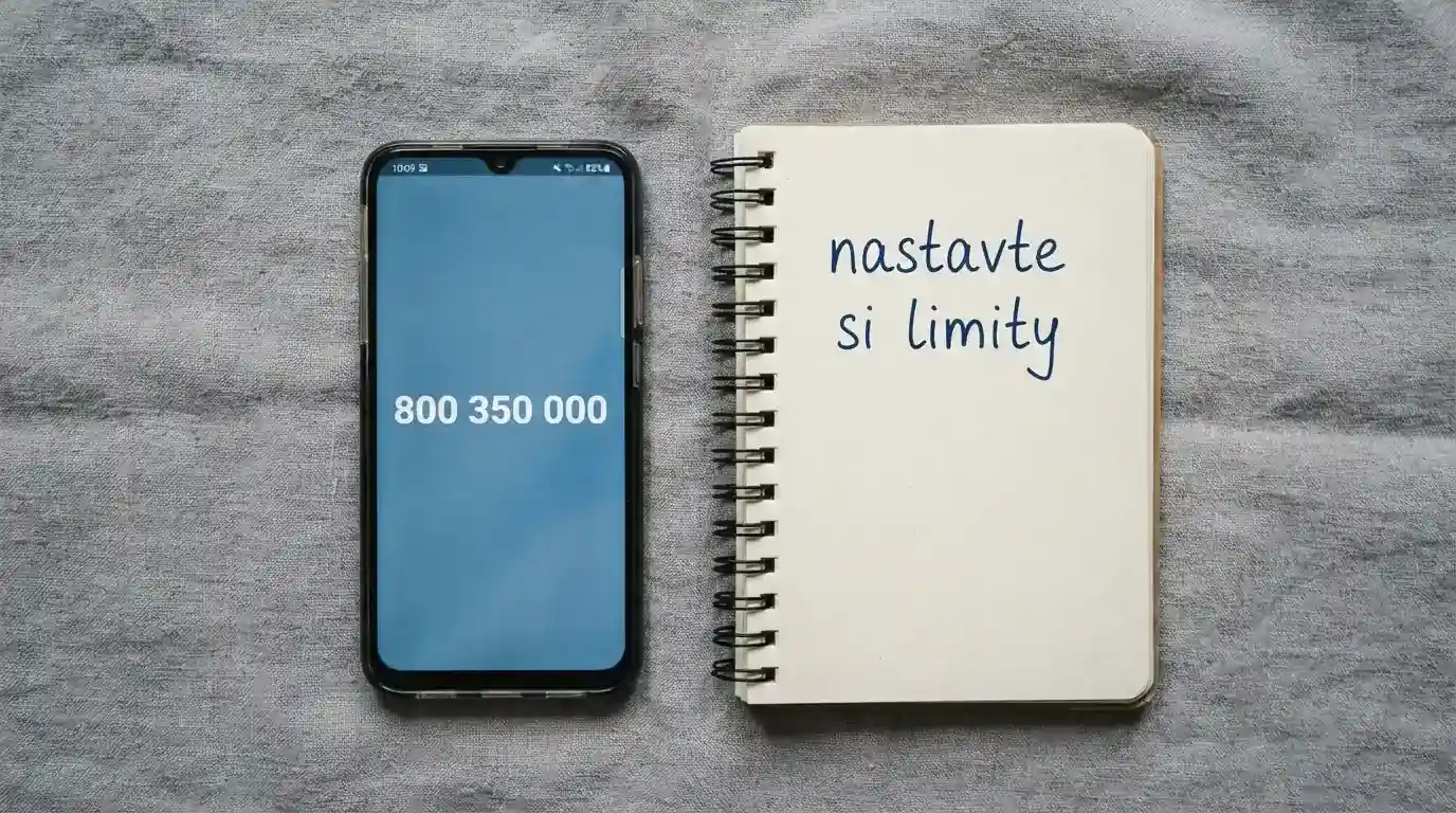 Telefon s číslem linky pomoci na displeji, vedle něj poznámkový blok s heslem „nastavte si limity“ — čistá, nerušivá kompozice