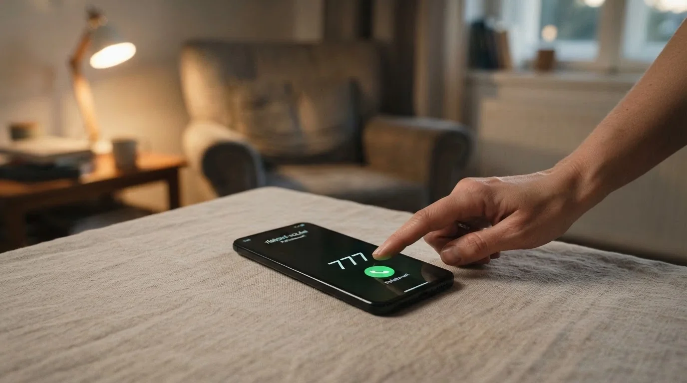 Telefon s vytočeným číslem linky pomoci na neutrálním pozadí